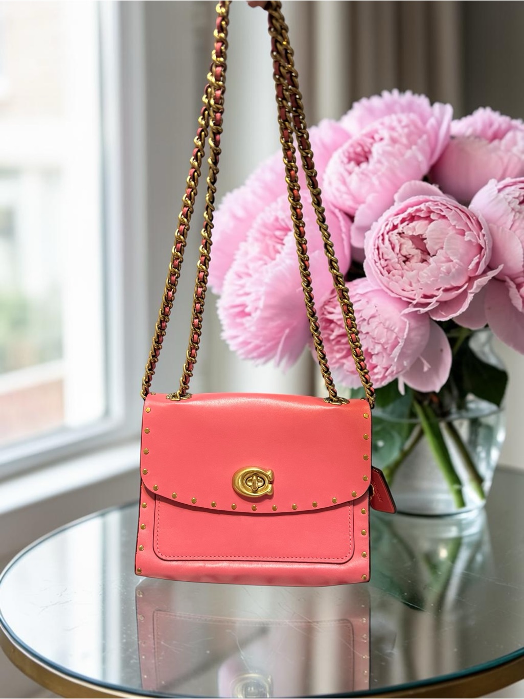 Coach Parker Orchid Pink Leather Rivets Tea Rose W. Turnlock & Two Way Chain